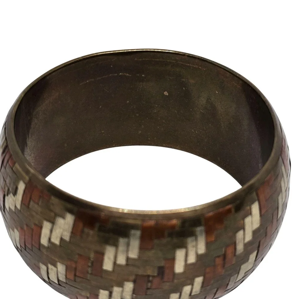 Vtg Mixed Metal Inlay Wide Bangle Bracelet Copper Brass Silver Tone Woven Patern